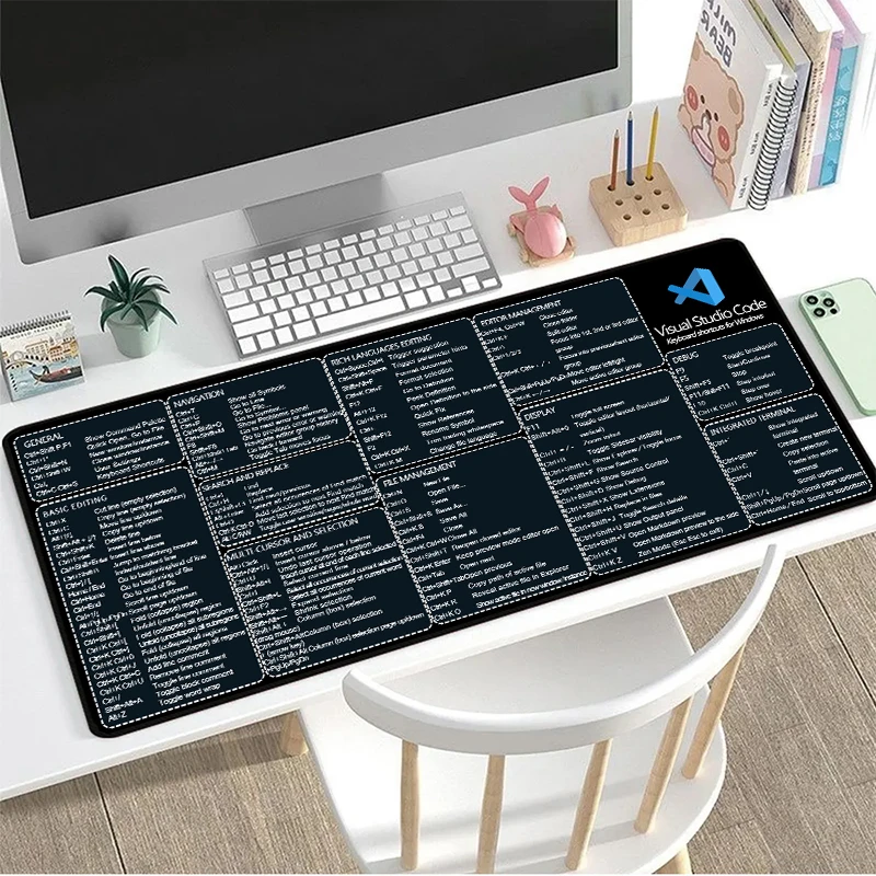 VS Code Shortcuts XXL Mouse Pad Large Desk Mat Computer Accessories Keyboard Pad With Non-Slip Rubber Base Stitched Edge Deskpad