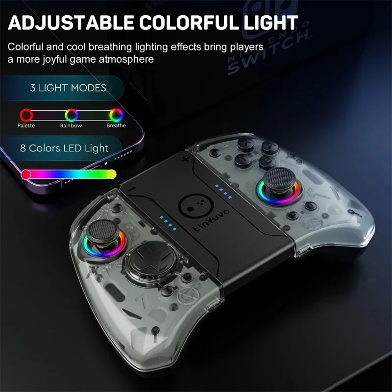 LinYuvo KS33 Wireless Joypad for Nentindo Switch/Lite/Oled Joystick 8 Colors LED Light Programmable Turbo & Macro programming