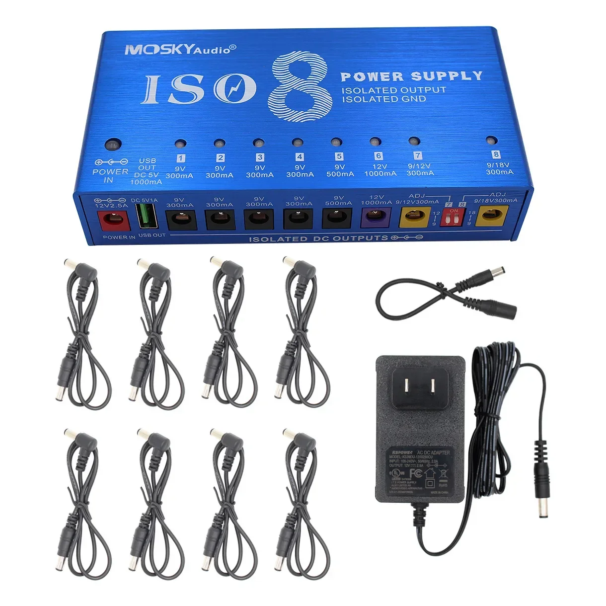 MOSKYAUDIO ISO8 Guitar Effect Pedal Power Supply 8 Isolated POWER DC Outputs/5V USB Output for 9V 12V 18V Guitar Pedal
