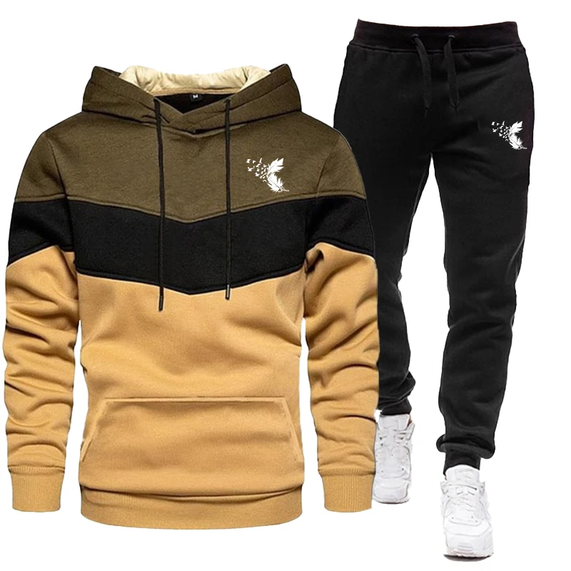 The latest men's long sleeved tricolor patchwork hoodie set casual sports jogging suit hoodie and pants two-piece set