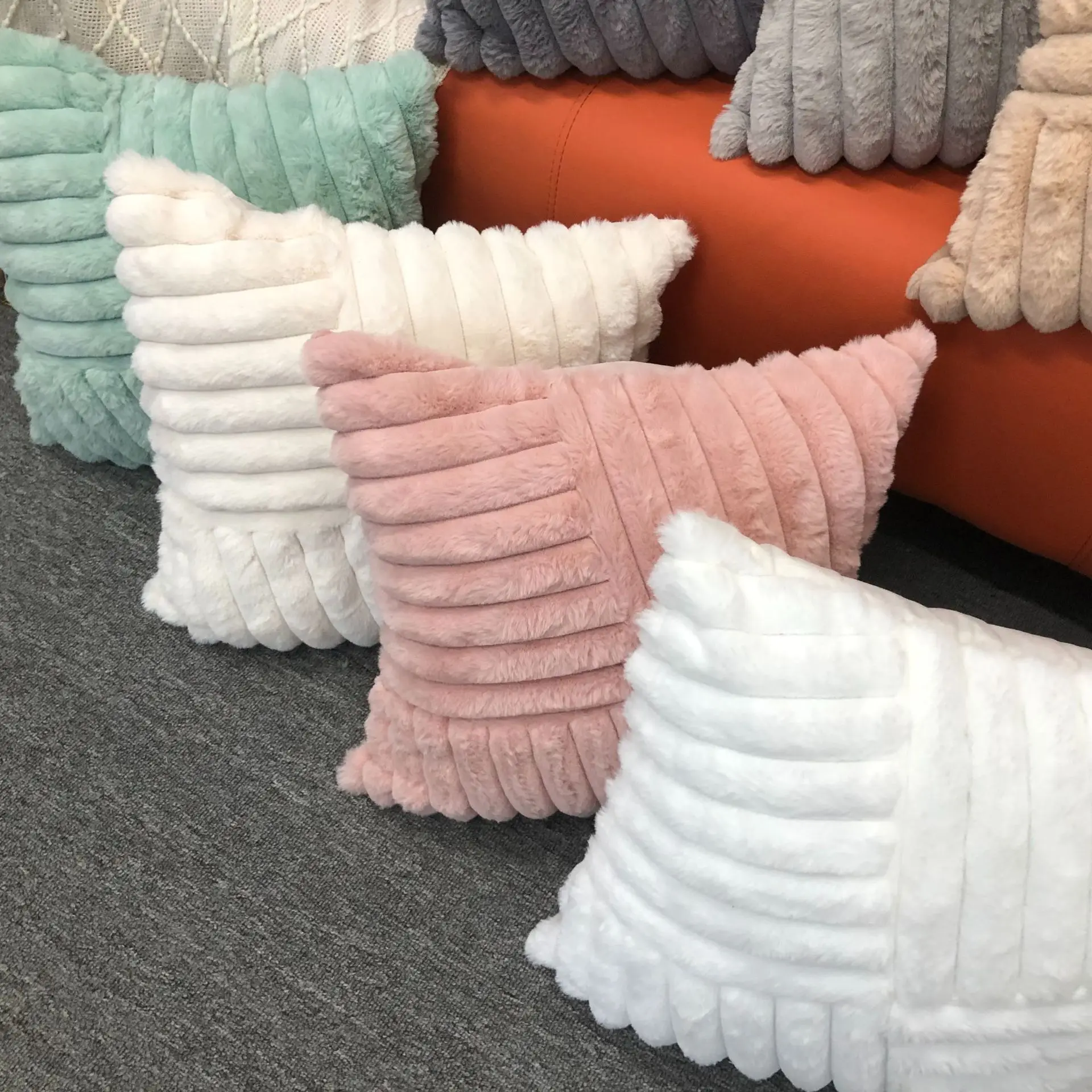 45x45cm Winter Kaninchen Fleece Gestreiften Kissenbezug Cojines Decor Hause Einfarbig Sofa Kissen Abdeckung Kopfteil Kissenbezüge – Detail 5