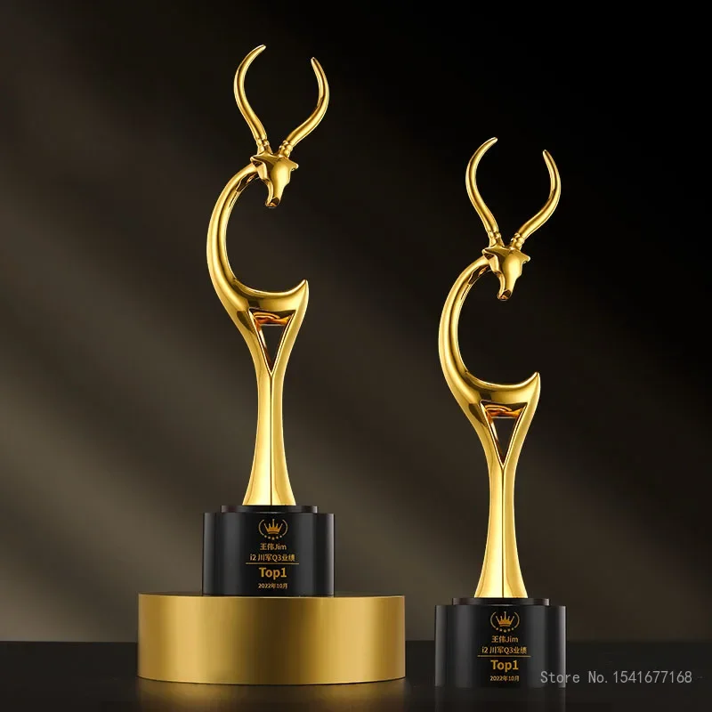 Customized Gold-Plated Metal Trophy, Crystal Base Engraved, Outstanding Employee Award Souvenirs, Home Decoration, High-end, 1pc
