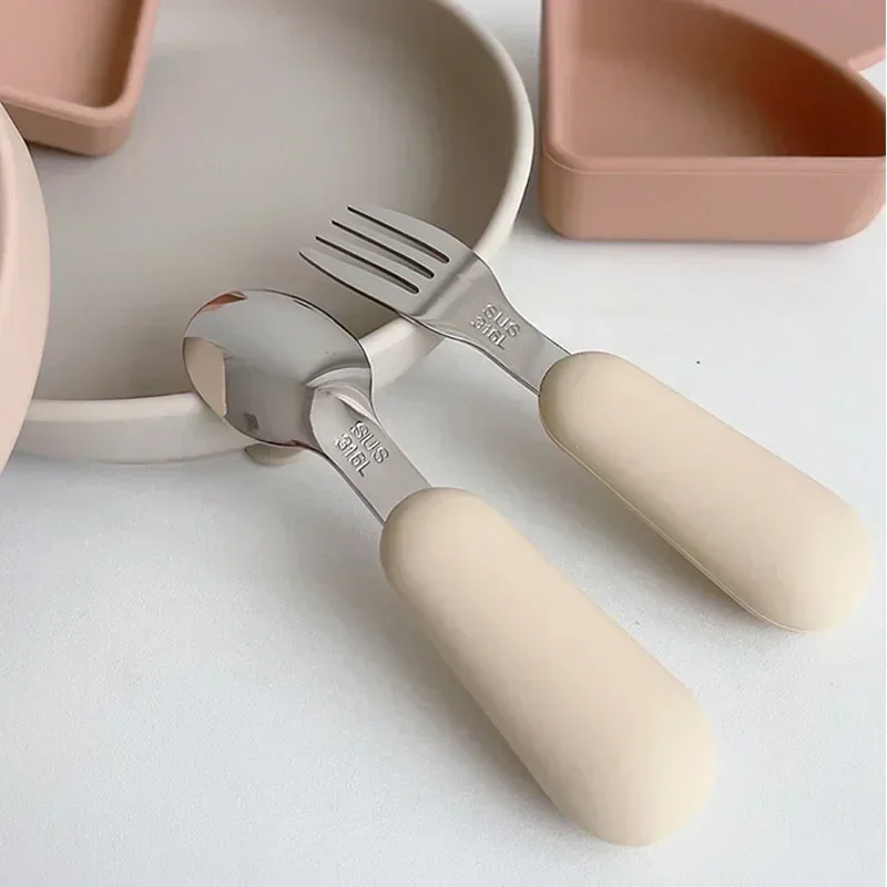 Baby Silicone Tableware Set Children Utensil Stainless Steel Toddler Dinnerware Cutlery Cartoon Infant Food Feeding Spoon Fork silicone cutlery set silicone feeding spoon fork spoon set stainless steel cutlery set baby cutlery