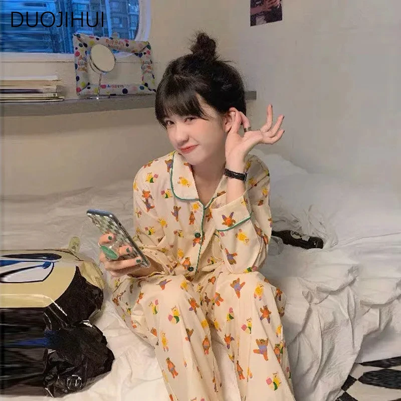 DUOJIHUI Ins Classic Two Piece Female Pajamas Set Autumn New Chicly Printing Sweet Simple Fashion Casual Home Pajamas for Women