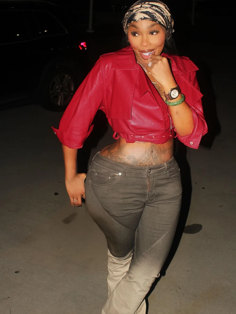 Nibber Hottie Jacket Woman PU Leather Sexy Low-Neck Three Quarter Sleeve Belt Shape Waist Navel Exposed High Street Style Coats