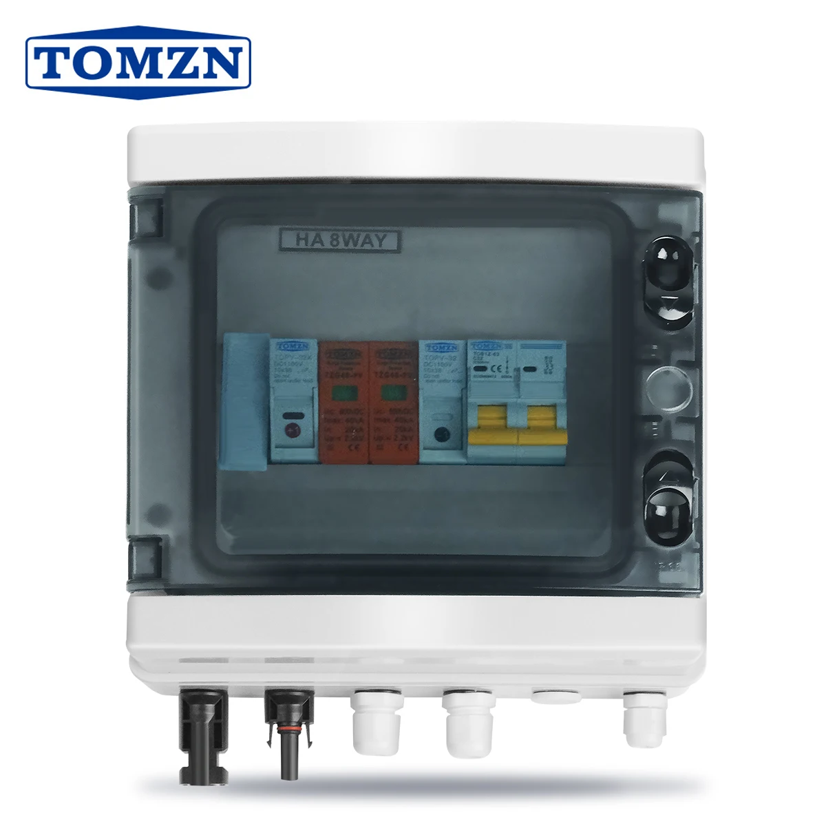 Tomzn-pv Caixa Combinadora Impermeável com Proteção contra Raios Solar Fotovoltaica Entrada Saída Fusível dc 600v Mcb Spd Ip65