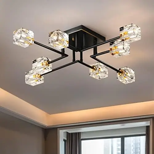 

Semi Flush Mount Ceiling Light Fixture,Black and Gold Modern Crystal Chandeliers,Farmhouse Lighting Fixtures for Dining Room Liv