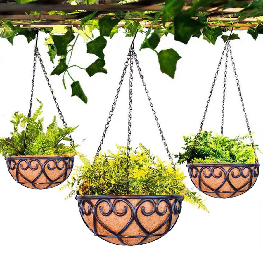 Description Picture 2 of itemCoconut Brown Round Iron Chain Hanging Basket Flowerpot European Creative Fleshy Green Plant Chlorophytum Comosum Flowerpot