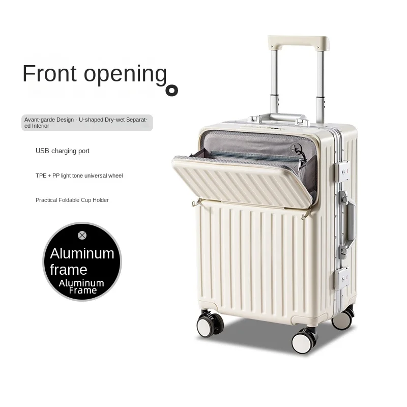 Front Opening Suitcase 2026 New Aluminum Frame Luggage with Cup Holder Boardable Trolley Case Carrier 28 inch USB Port