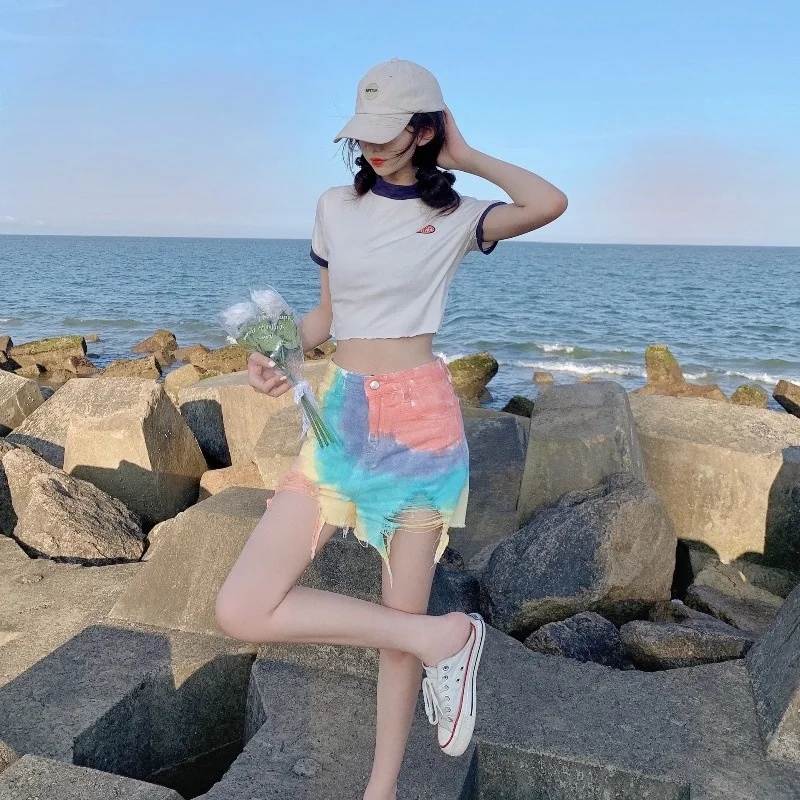 Rainbow Gradient Tie Dyed Denim Shorts Women's Summer New ins Fashion Brand Broken Hole Tassels Show Thin Wide Leg Pants
