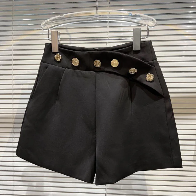 ladies shorts Vintage Elegant Spring irregular Metal Button High Waisted Shorts Women Fashion Wide Legs Loose Baggy Short Clothes birddog shorts