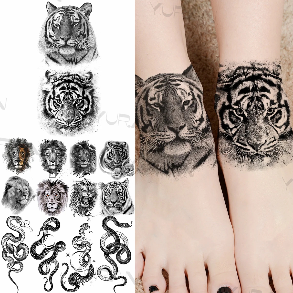 

Black Tiger Temporary Tattoos For Women Men Realistic Snake Lion Moon Rose Flower Fake Tattoo Sticker Foot Body Tatoos Creative