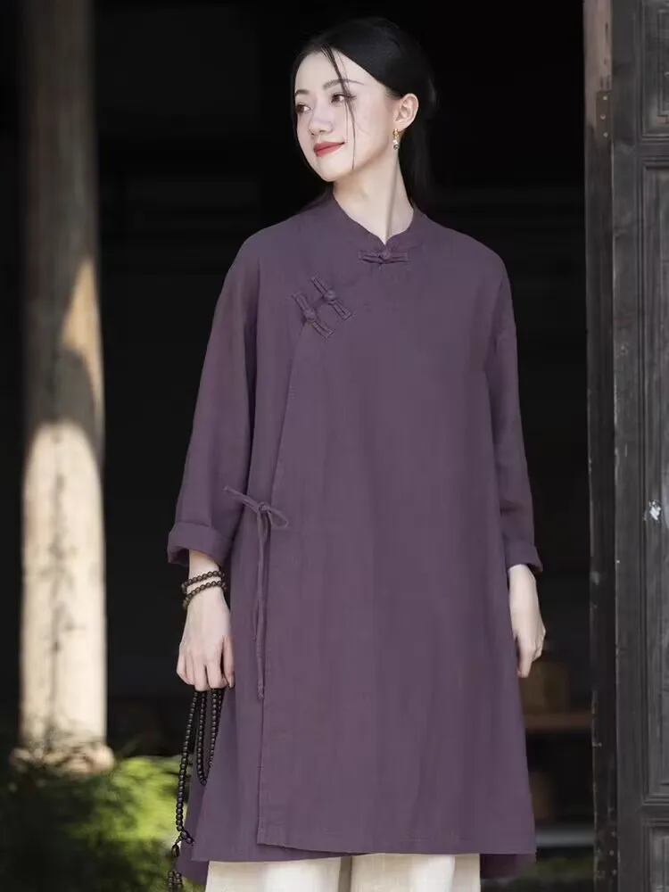 Chinese Style Retro Cotton and Linen Tops China Traditional Clothing Women Mid-length Shirt Vintage Solid Color