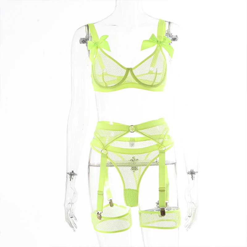 Neon Green Sexy Bow-knot Underwire Bra+G-thong+Garters Transparent Mesh Three Pieces Underwear Women Porno Langerie Intimate Se