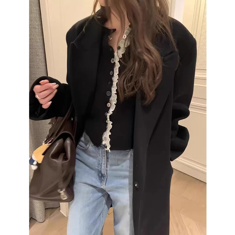Women Knitted Lace Ruffles Long Sleeve Elegant Cardigan Sweater