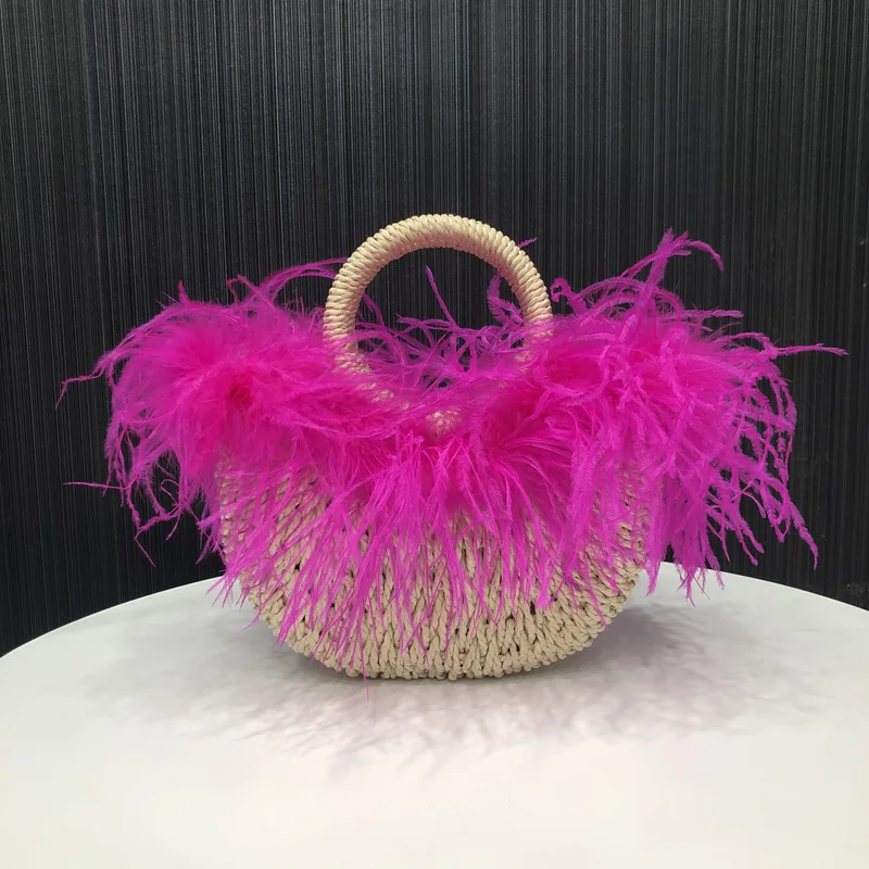 Damen-Tasche aus Straußenfedern, Strohgewebte Handtasche, Sommer-gewebte Tasche, Handtasche, Straddle-Mode-Geldbörse, handgefertigt – Detail 6