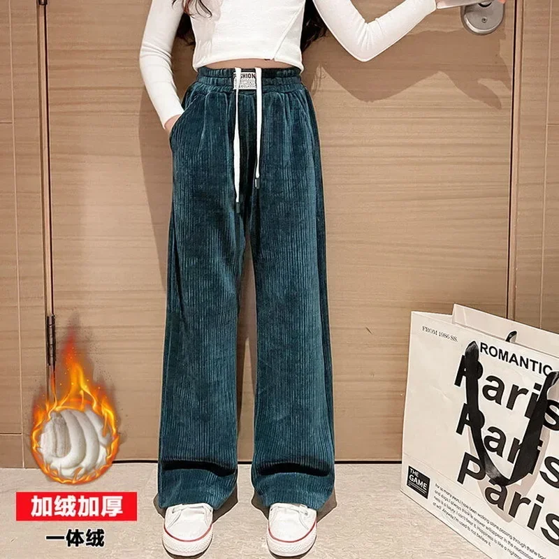 Winter Girls Casual Chenille Pants Loose Sport Fleece Warm Elastic Waist Wide Leg Pants for Kids School Children girls pants,kids pants,girls trousers