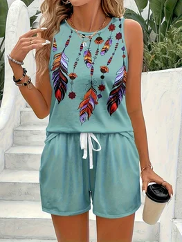 Large size summer new feather print casual and fashionable round neck shorts set for women