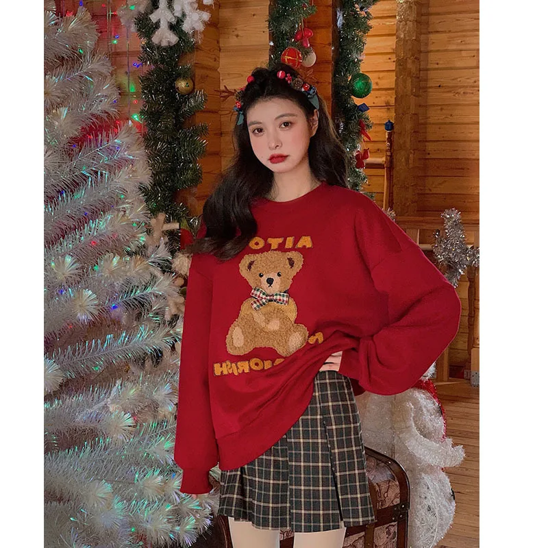 Hoodless Women Cute Teddy Bear Sweatshirt Vintage Red Thick Tracksuit 2023 Woman Spring Fall Kawaii Clothes Oversized Christmas