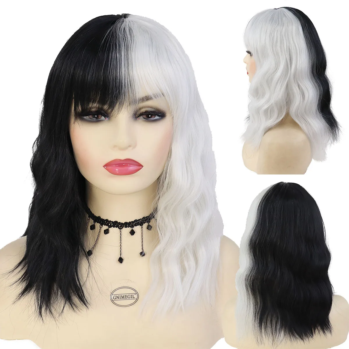 

GNIMEGIL Cruella De Vil Cosplay Costume Wig Half White Half Black Synthetic Long Wavy Wigs with Bangs for Women Natural Hair
