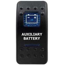 Marine Grade Waterproof Rocker Switch with Blue LED Light Bar, 12V, ON/OFF Options (AUXILIARY BATTERY)
