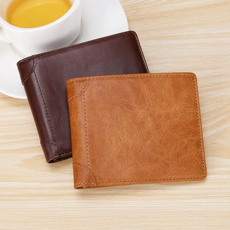 New style vintage oil wax leather wallet men's short rfid anti-magnetic anti-theft cowhide wallet