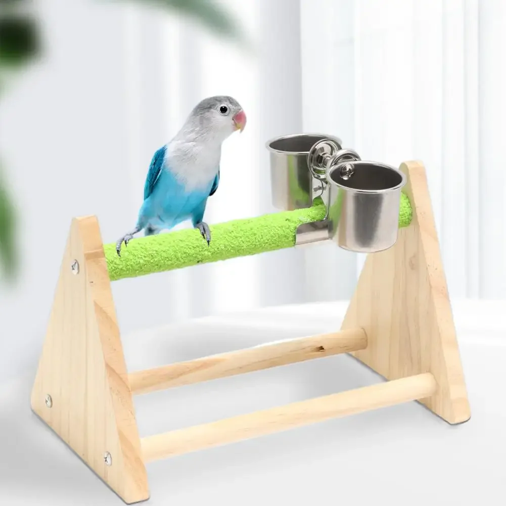 Bird Toy Firm Triangle Stand with Feeding Cup Playing And Resting Wood Pet Parrot Training Stand Parakeet Playground