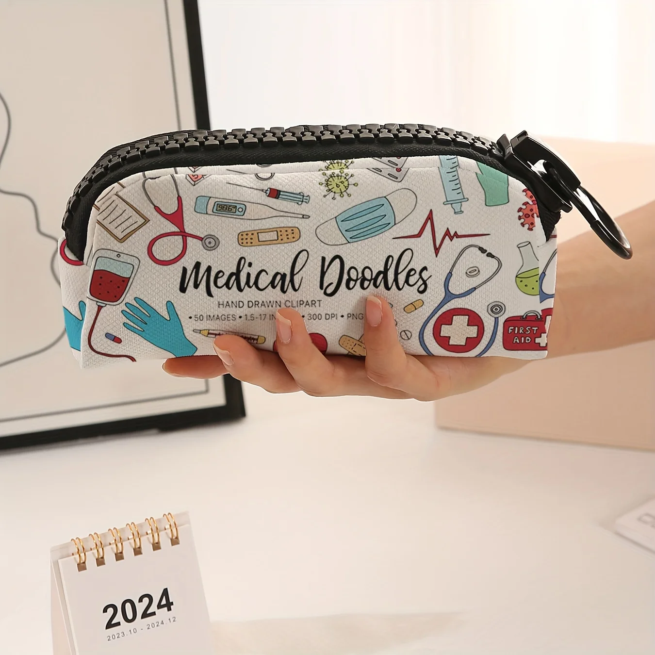 1pc, Large Zipper Medical Supplies Pattern Printed Makeup Bag Large Zipper Stationery Pencil Box Suitable for School Supplies