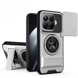 Durable Anti - Drop Hard Lens Slide Phone Case with Magnetic Car Ring Holder and Stand - Xiaomi 15T (Silver)