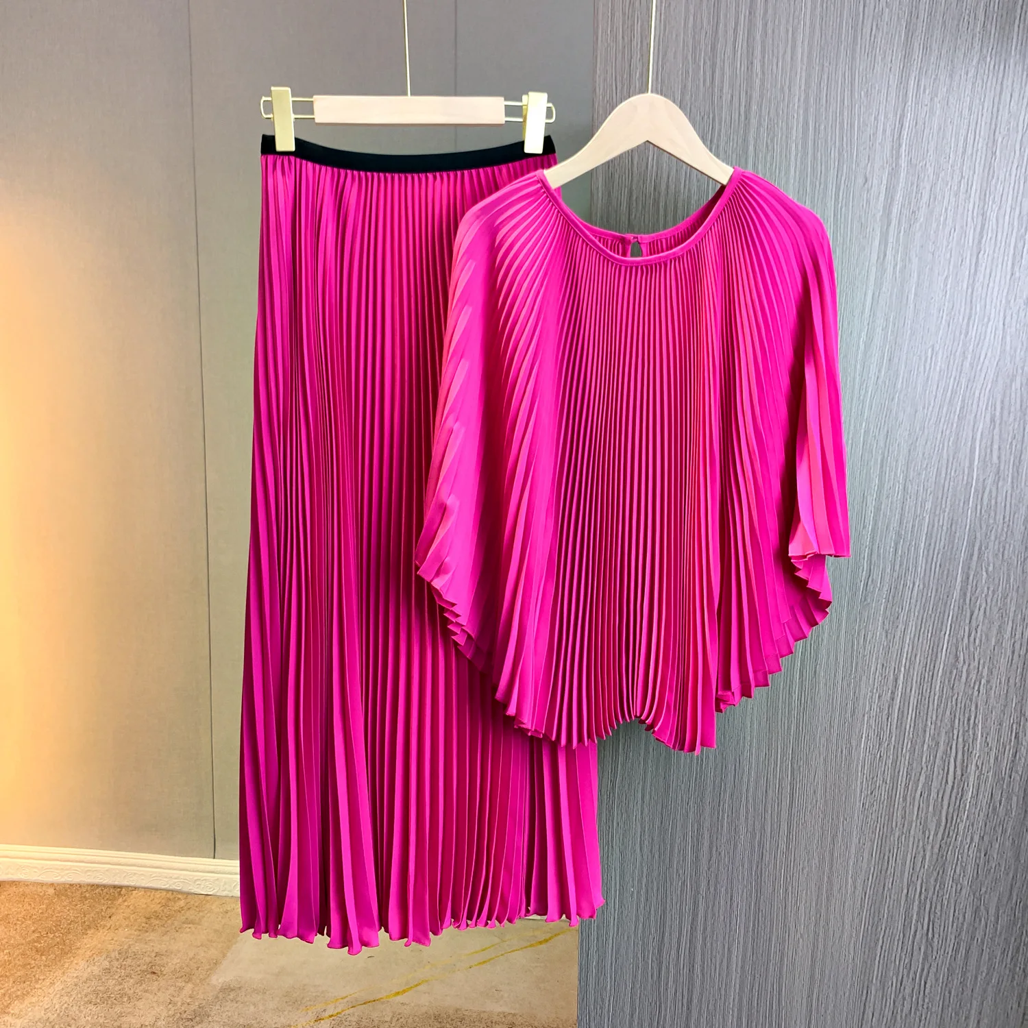 

SuperAen Women's 2023 Summer Autumn New Chiffon Shirt Loose Bat Sleeve Cloak T-shirt Skirt Two Pieces Sets