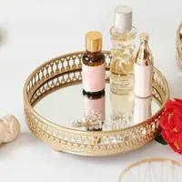 Golden Color Delicate Jewelry Storage Tray Glass Mirror Base Bedroom Desktop  Perfume  Box Cosmetic Decorative 1Pc 2