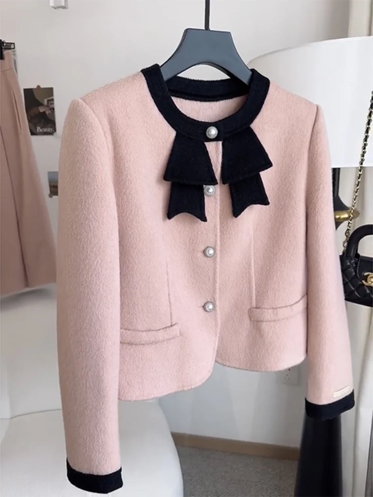 French Elegant Long Sleeve Round Neck Women's Coats Autumn and Winter Fashion Pink Beaded Single-Breasted Slim Fit Jackets