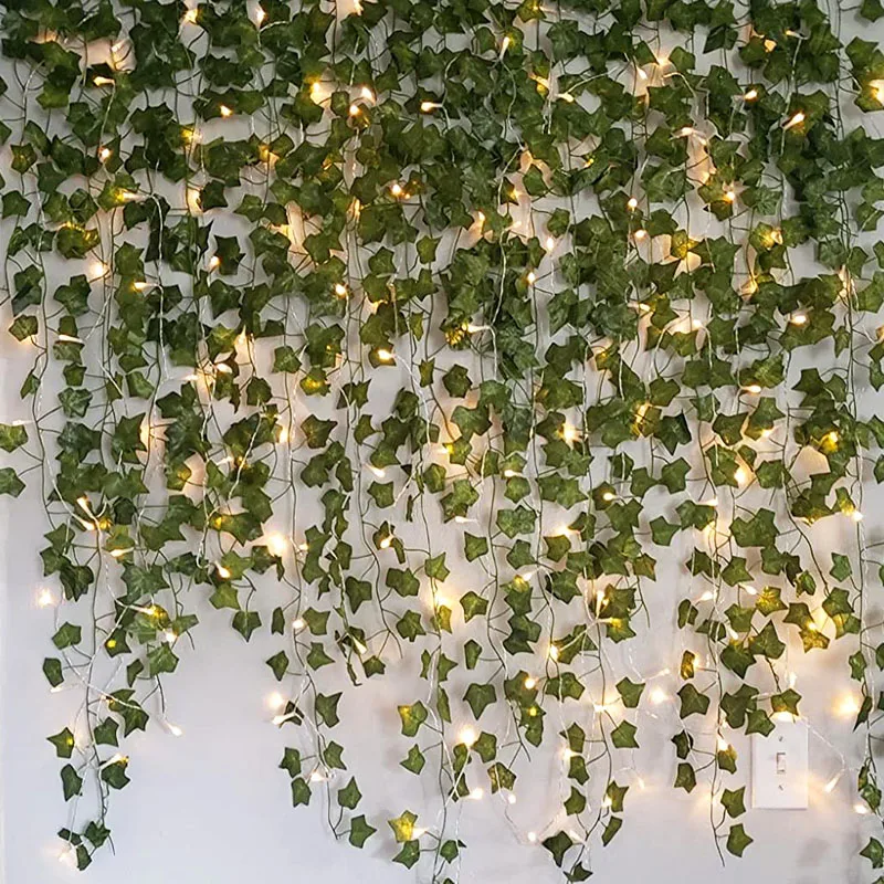 

2.3m Artificial Creeper Green Leaf Ivy Vine with 2m LED String Lights Set DIY Wedding Party Decorative LED Light Leaf Garlands