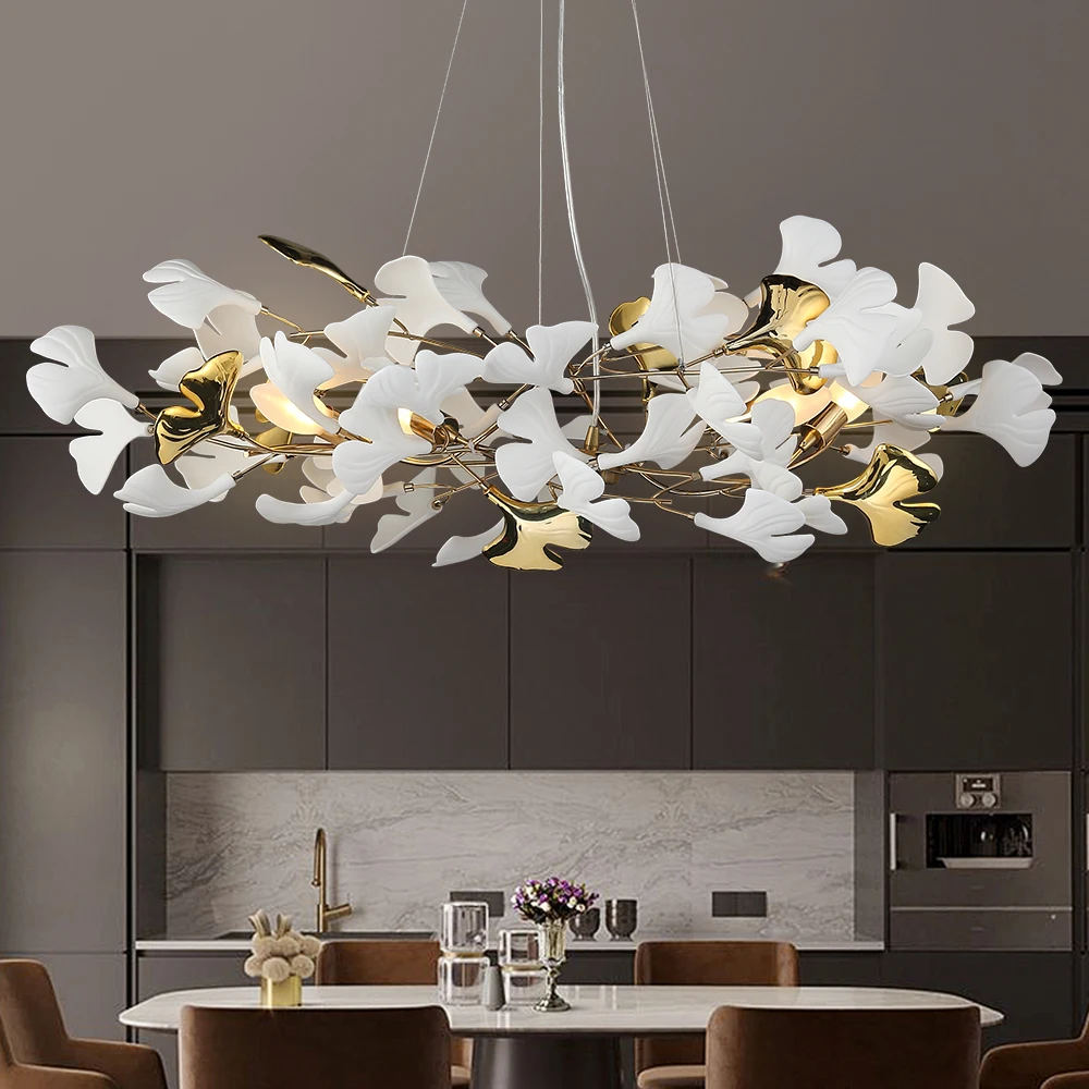 

Nordic Pendant Ceiling Chandeliers Porcelain Leaves Gold Pendant Lights for Hotel Living Room Art Lobby Decor Round Chandelier