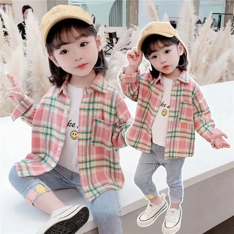 여아용 빈티지 격자 무늬 셔츠, 긴 소매 라펠 싱글 브레스트 가디건 베이스 티셔츠, 면 의류, 2-9 세 용수철 가을
