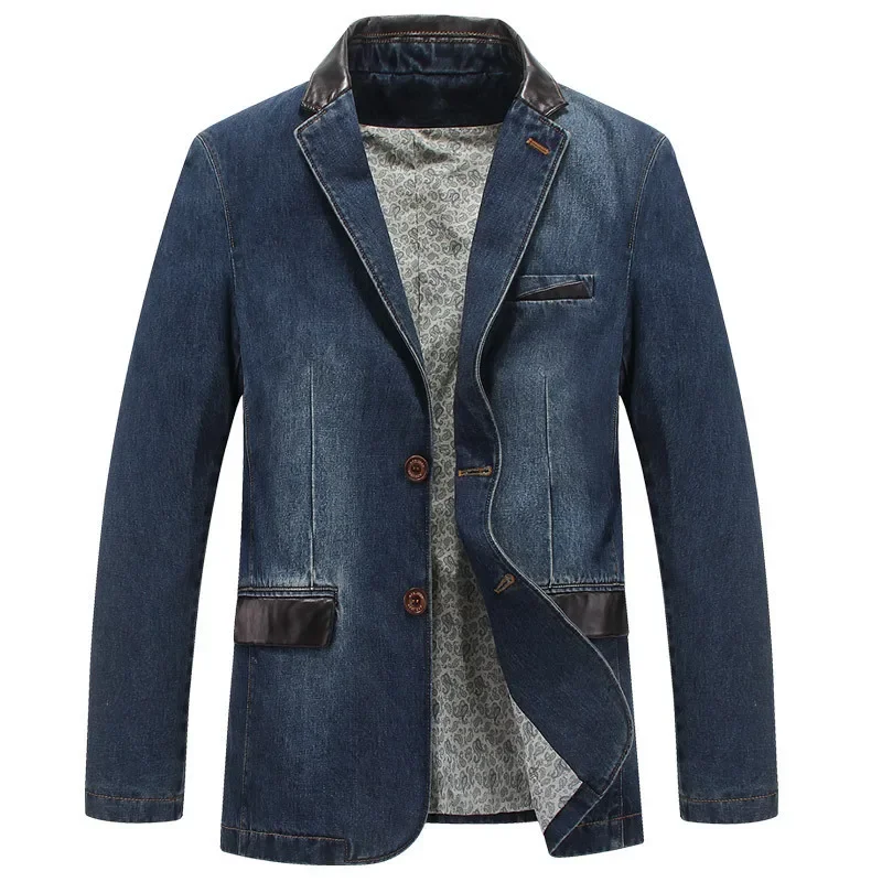 HOO Men's Cotton Casual Denim Suit PU Leather Stitching Casual Double Button blazer