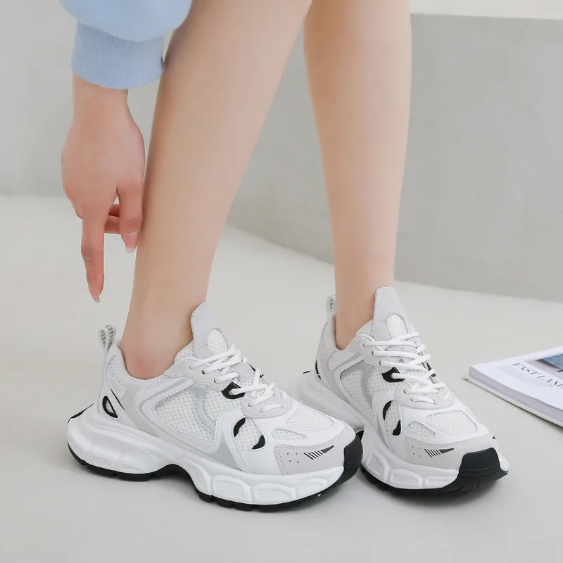 Fujin 5.5cm New Air Mesh Genuine Leather Platform Wedge Chunky Sneakers Shoes Breathable Women Summer Hollow Walking Mixed Color