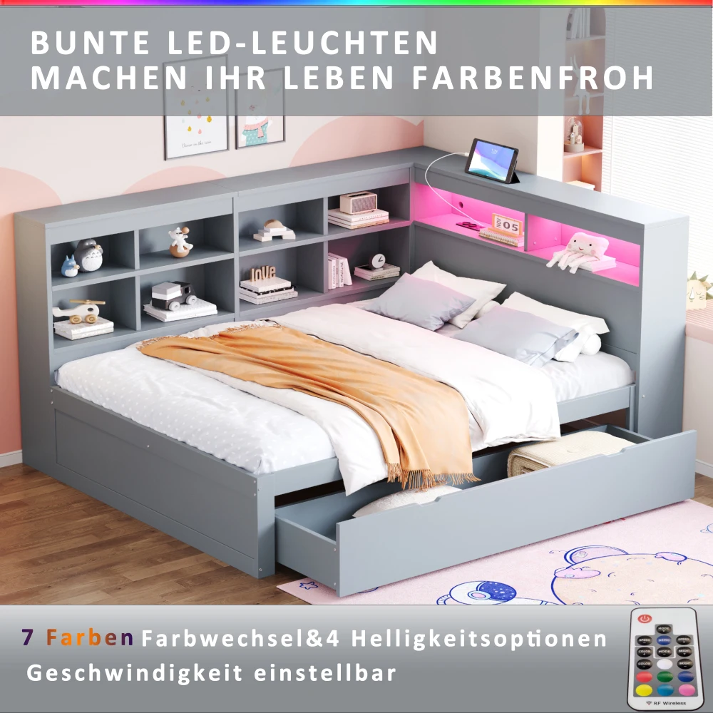 140 x 200 cm großes Schlafsofa aus Massivholz, mit extra großen Schubladen und Ablagefächern, mit USB-Buchse und LED-Lichtleiste, Weiß/Grau – Detail 21