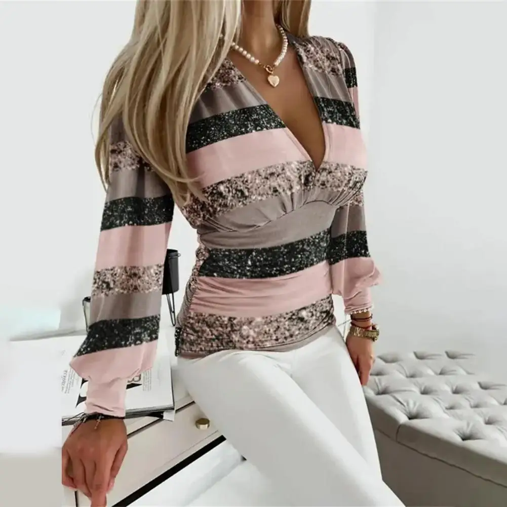 Woemn Spring Shirt Deep V Neck Long Sleeve Striped Color Matching Shiny Sequin Pullover OL Commute Style Pleated Lady Blouse sexy sequin vintage style hollow pleated luxury prom birthday vestido long sleeved female elegant evening party club dress