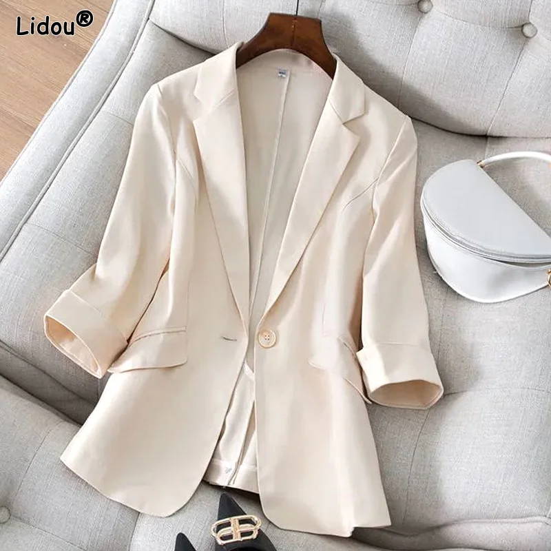 

Temperament Notched Button Solid Color Loose Office Lady Fashion Formal Casual Blazers Women's Clothing Spring Summer Thin Tops