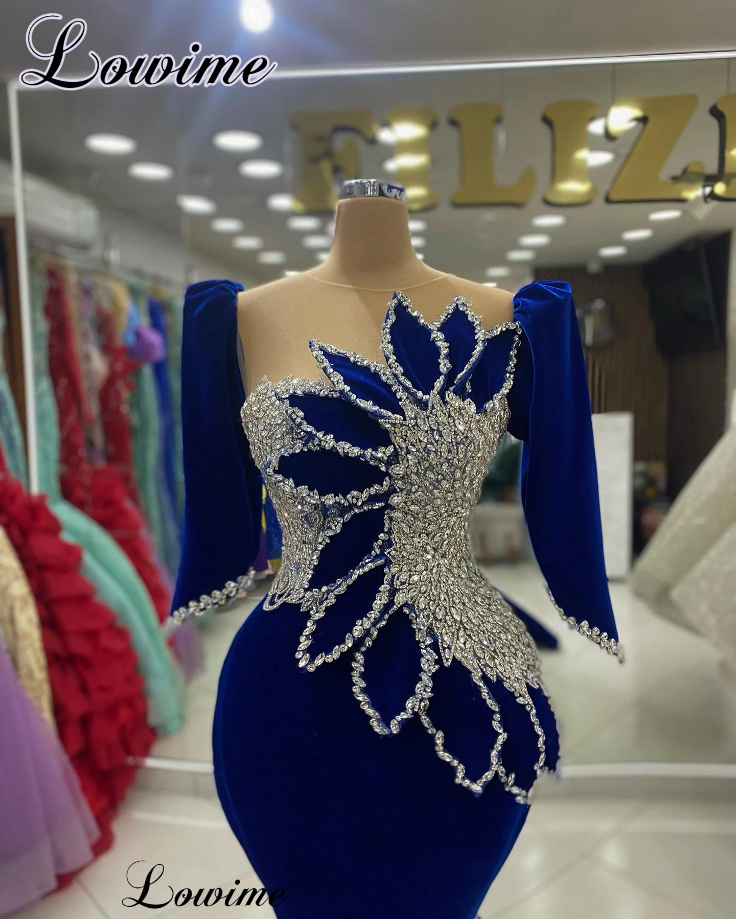 Royal Blue Mermaid 3/4 Long-Sleeve Crystal Cocktail Prom Dresses for Wedding Guests