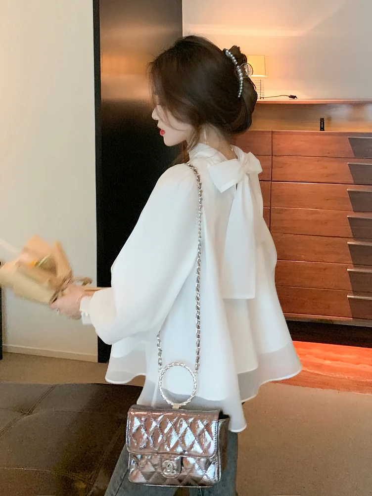 Women Elegant Puff Long Sleeve Chiffon Blouse with Bow ties Vintage Palace Luxury Lady Basic Shirt Female Top