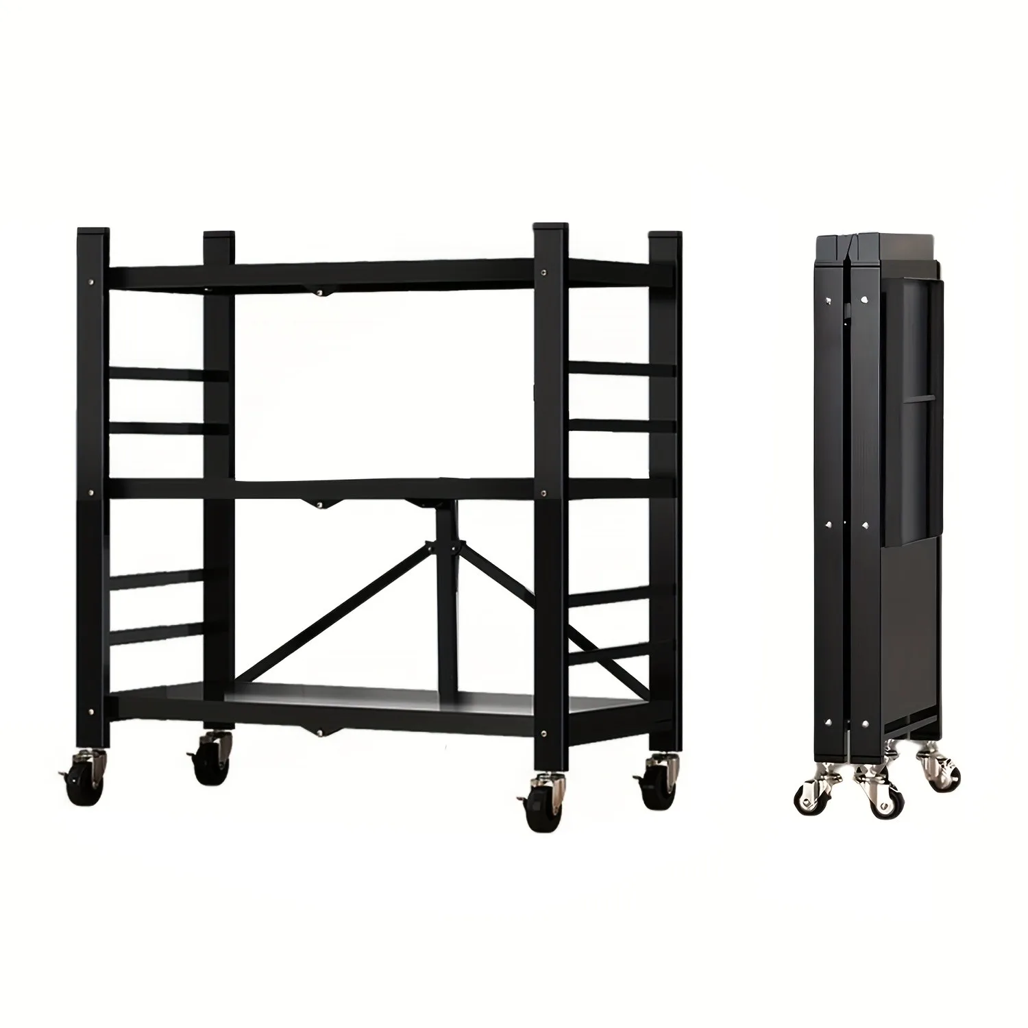 3 Tier Black Foldable Storage Shelf with Wheels Folding Metal Rack Shelving Unit Organizer for Pantry, Kitchen, Garage, Basement — Color: 3 Tire