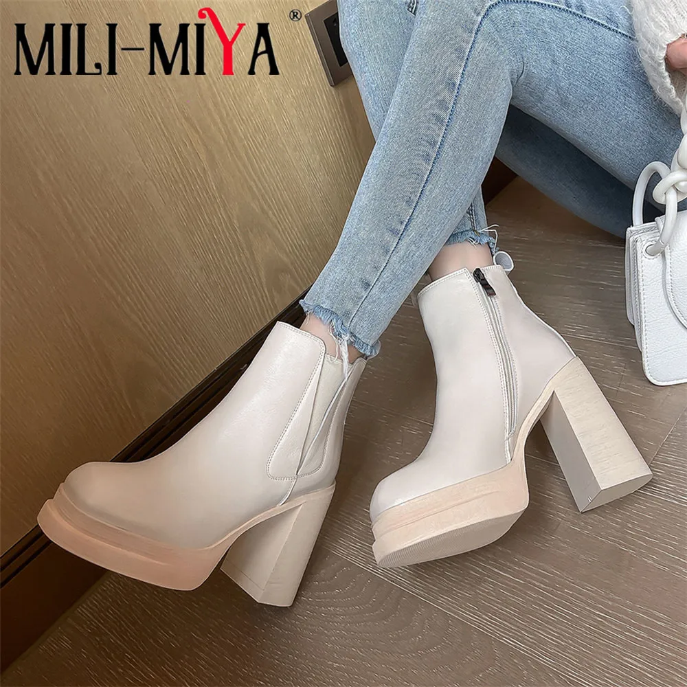 

MILI-MIYA Fashion Classic Super High Thick Heels Women Cow Leather Ankle Boots Platform Round Toe Zippers Plus Size 34-43 Hand