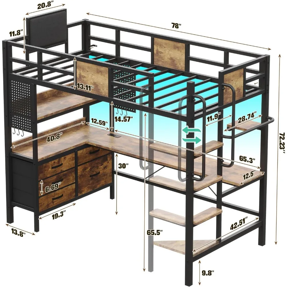 Loft Bed Twin Size with L Shaped Desk and Storage, Metal Bunk Bed with Desk Underneath and LED Lights and Charging Station,Brown 2