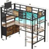 Loft Bed Twin Size with L Shaped Desk and Storage, Metal Bunk Bed with Desk Underneath and LED Lights and Charging Station,Brown 2