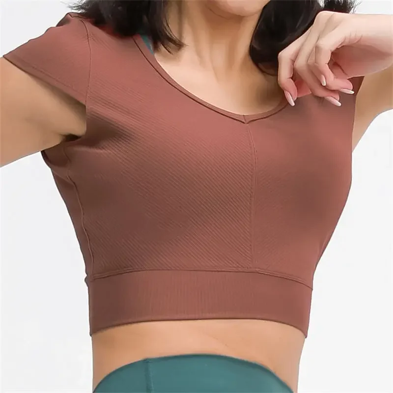 Nepoagym Women Workout Crop Tops Criss Cross Strappy Back Short Sleeve Ribbon Fabric Sports Top