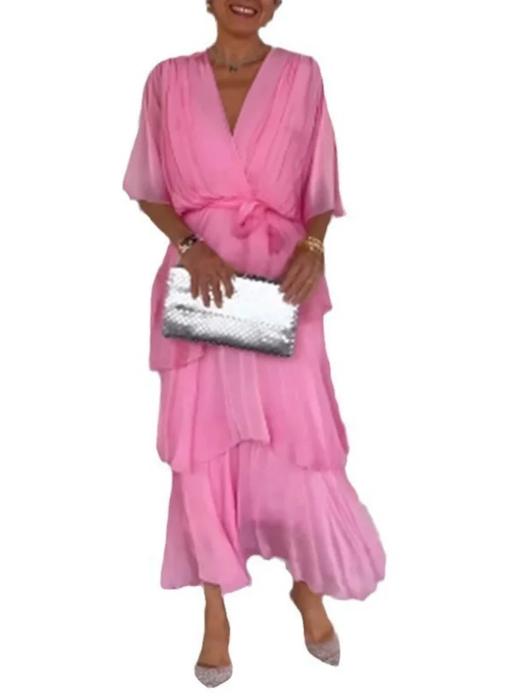 wmstar dress women wholesale 2025 New European American cross border summer solid color V neck chiffon cake Bat sleeve dresses