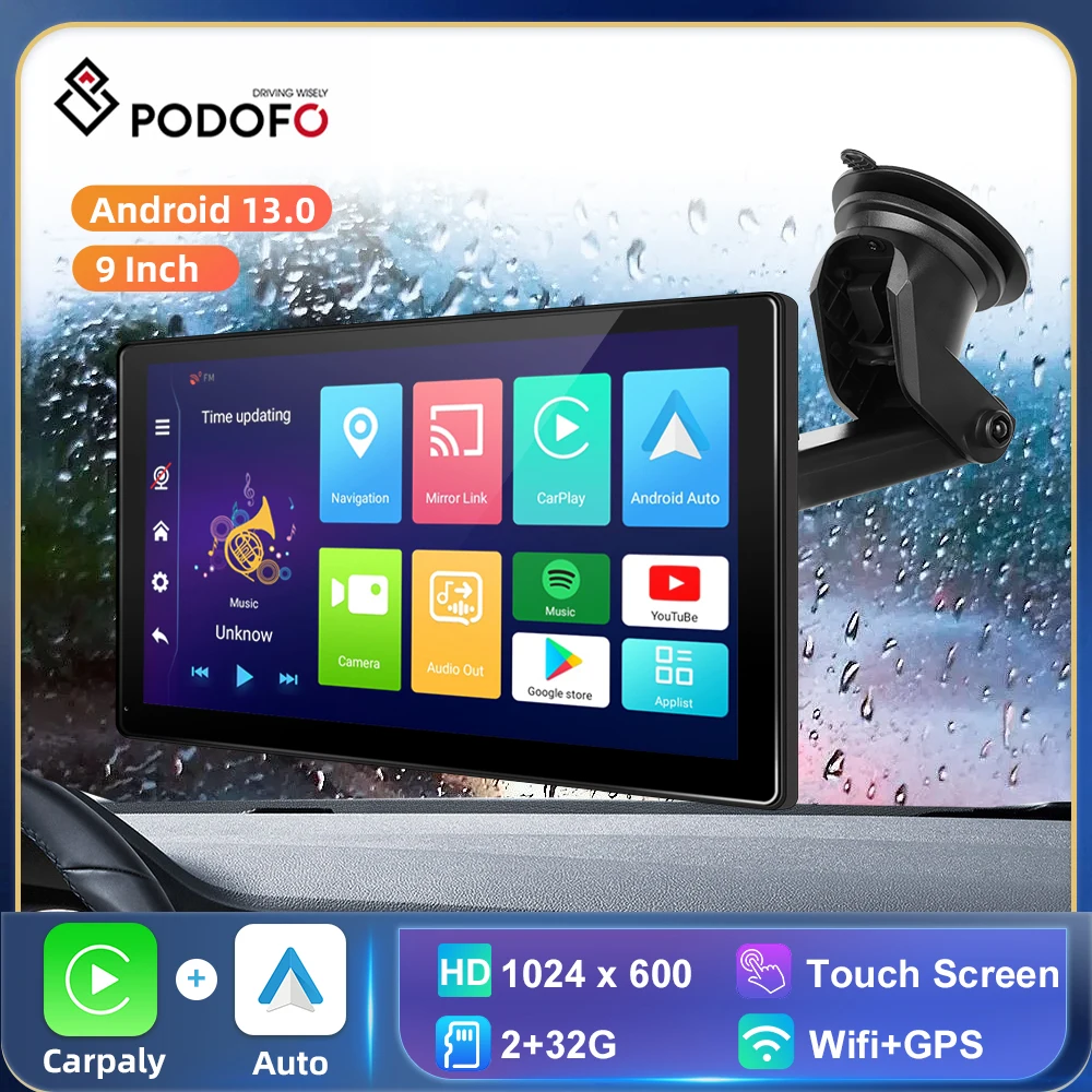 

Podofo Android 13 CarPlay Car Video Player 9 " Carplay Android auto Monitor Navigation GPS WIFI Apple Airplay Dashbord