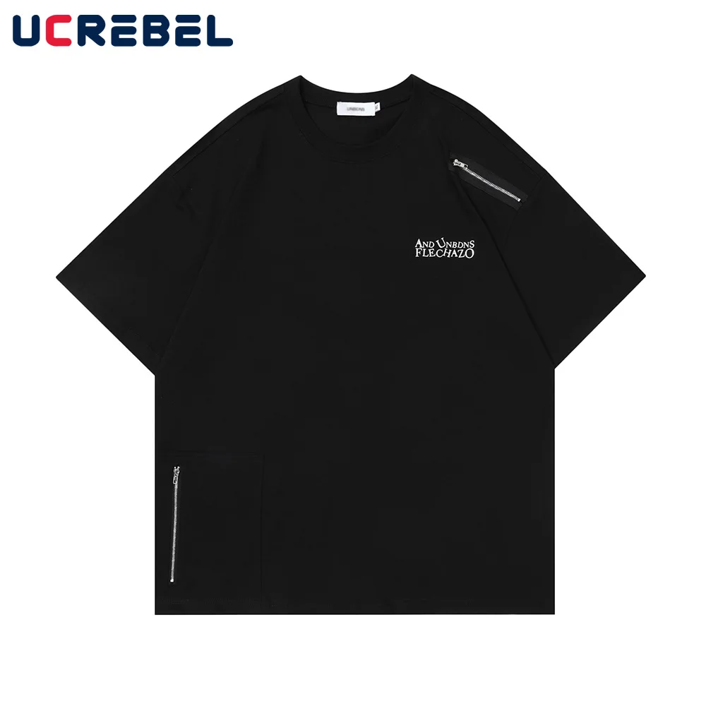 

Letter Print Short Sleeve T-shirt Mens Zipper Decoration Streetwear Y2k Crew Neck Half-Sleeve Cotton Tee Men